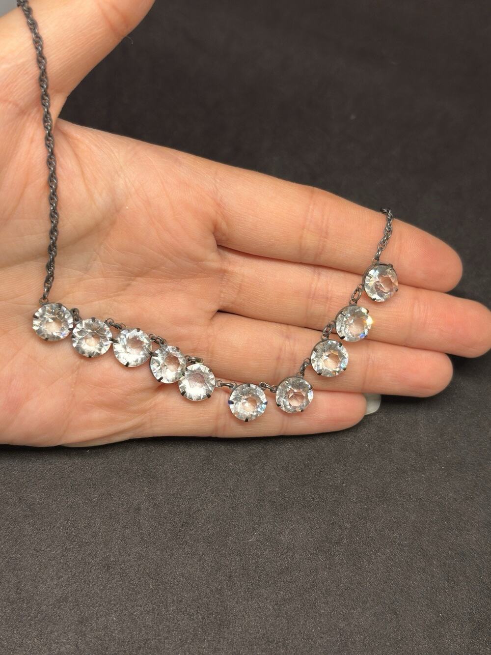 Antique 1930s Art Deco Cut Glass Sterling Silver Clear Half Rivière Necklace